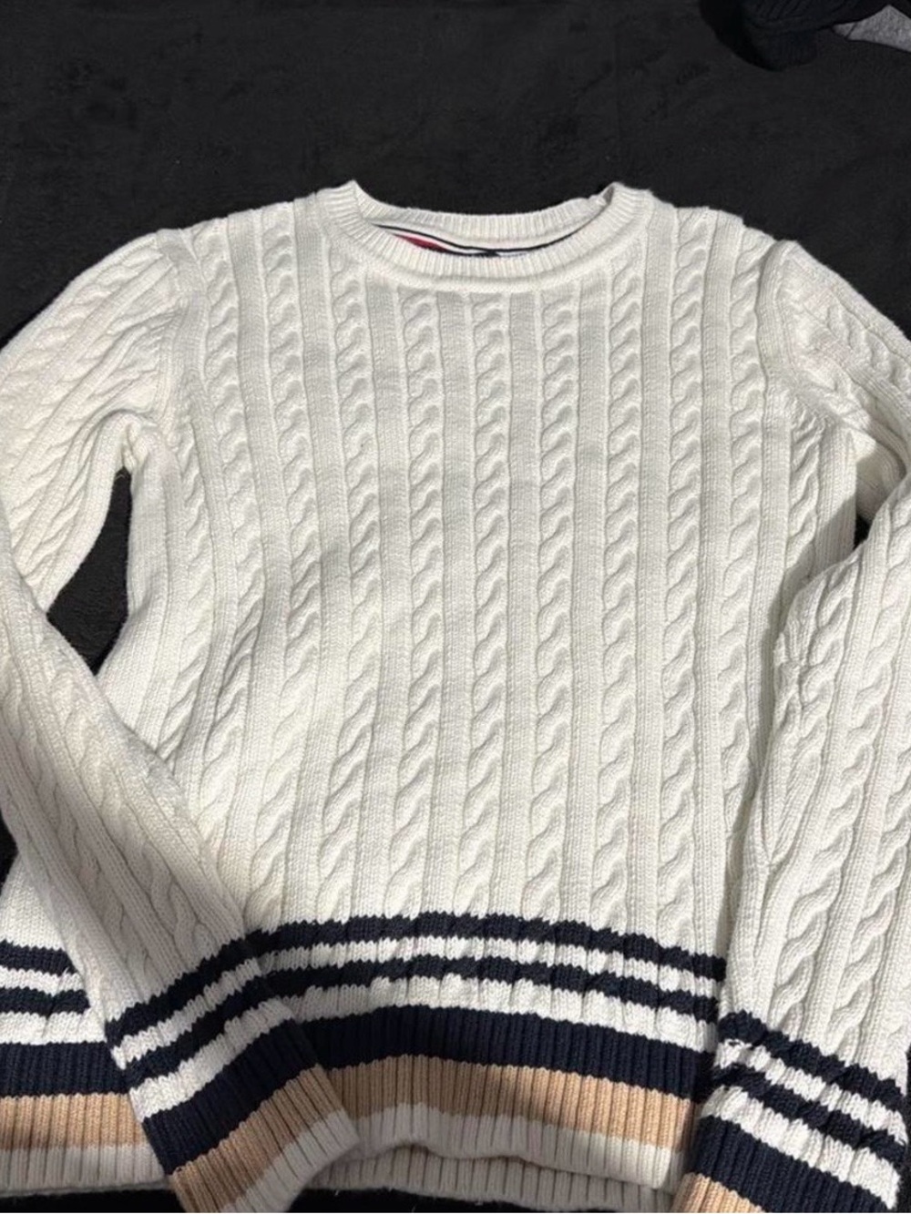 Tommy Hilfiger White Cable Knit Crewneck Sweater with Navy & Tan Stripes